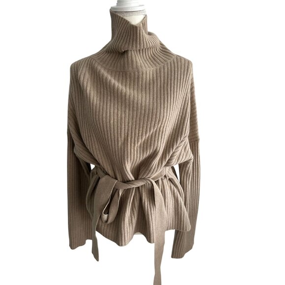 STATE CASHMERE Camel Belted Oversized Turtleneck Size Large - Picture 1 of 7